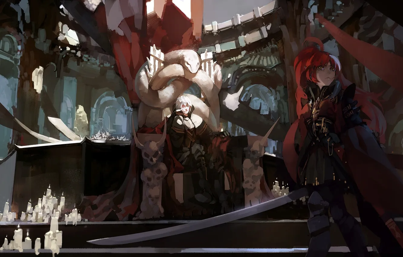 Фото обои девушка, оружие, змея, меч, свечи, аниме, арт, черепа