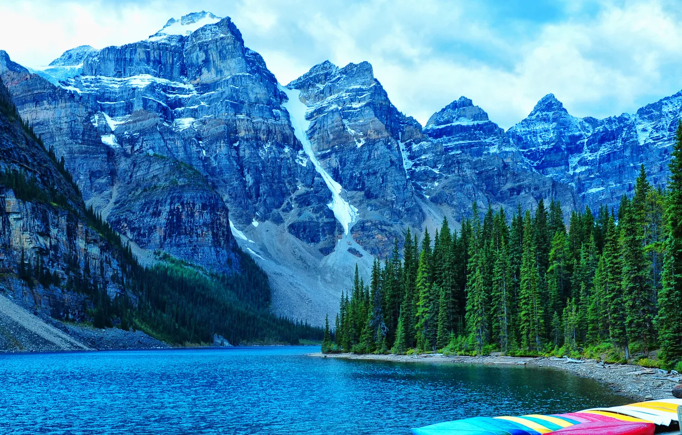 Фото обои лес, небо, горы, озеро, лодки, Канада