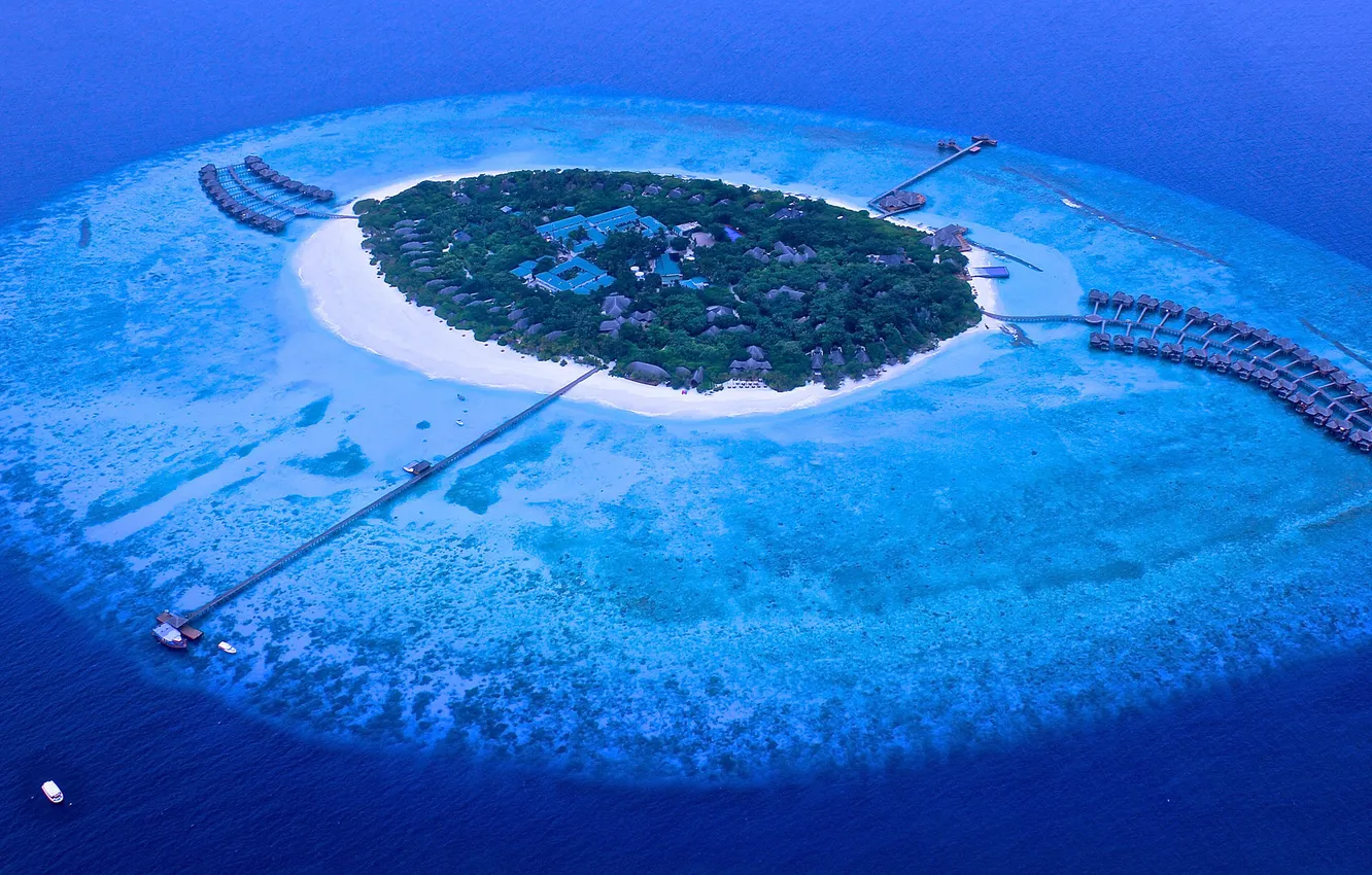 Фото обои пляж, океан, остров, пирс, Мальдивы, курорт, риф, Maldives