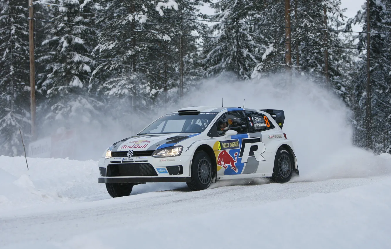Фото обои Зима, Снег, Volkswagen, WRC, Rally, Polo, Sebastien Ogier, Julien Ingrassia