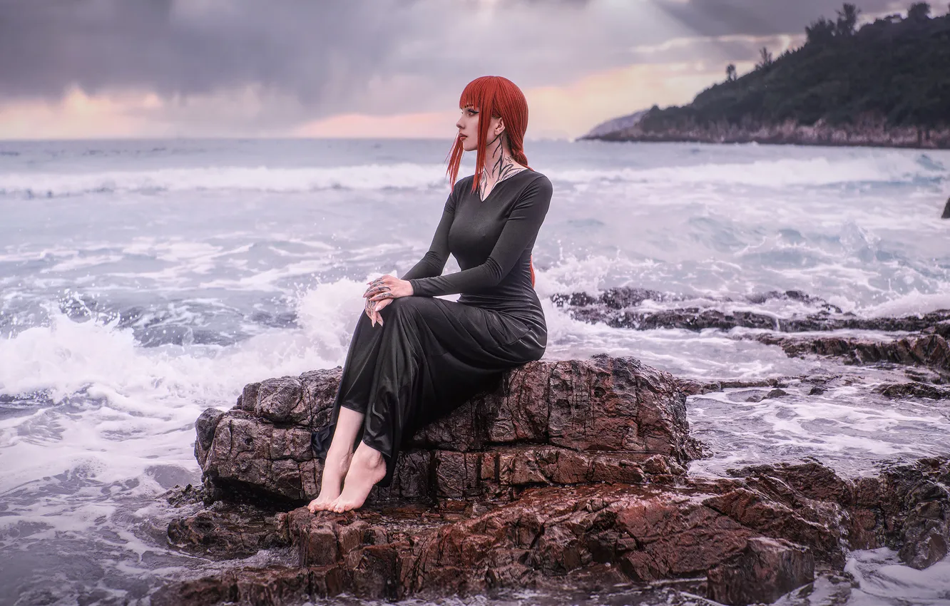 Фото обои море, волны, босиком, платье, dress, cosplay, Xenon, Косплей