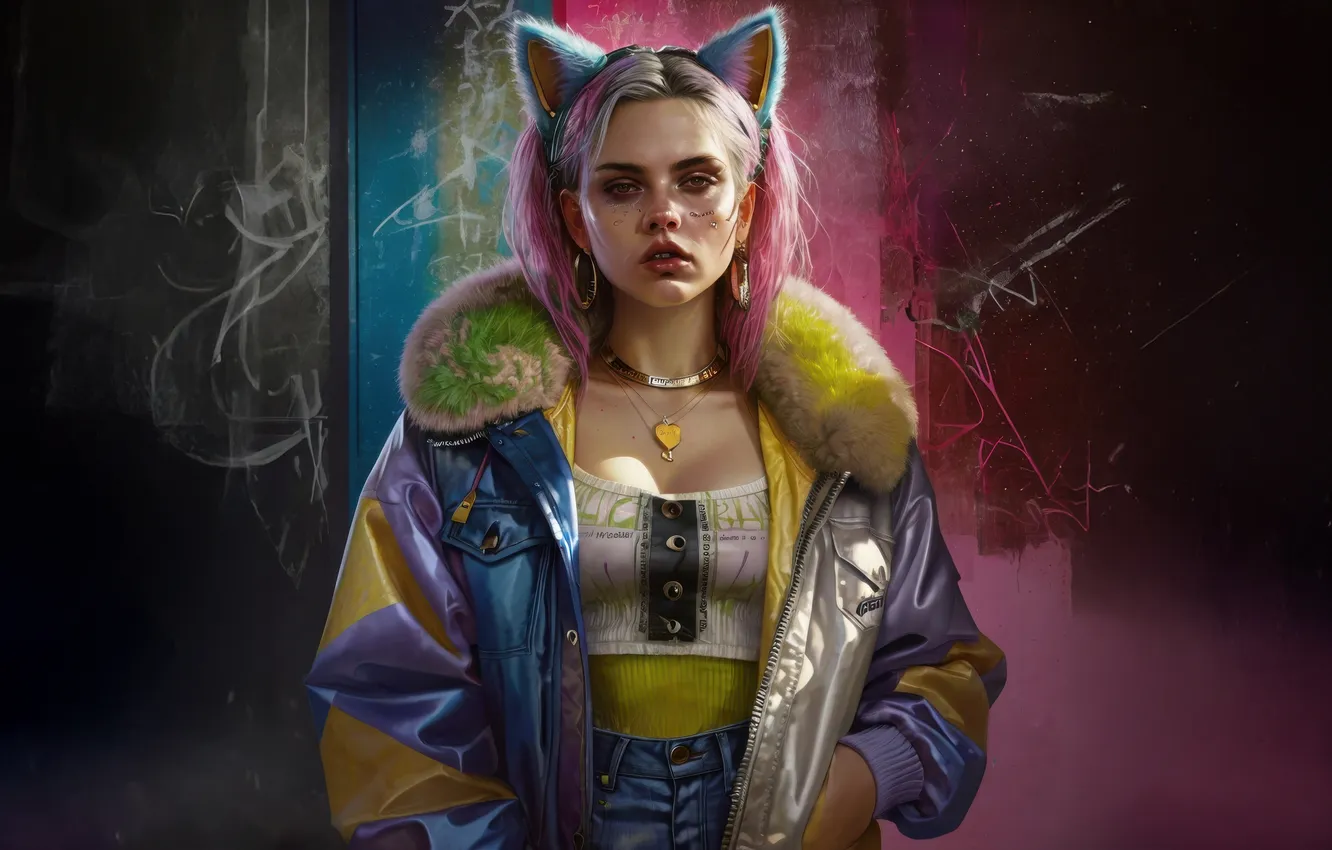 Фото обои neon, cyberpunk, cat girl