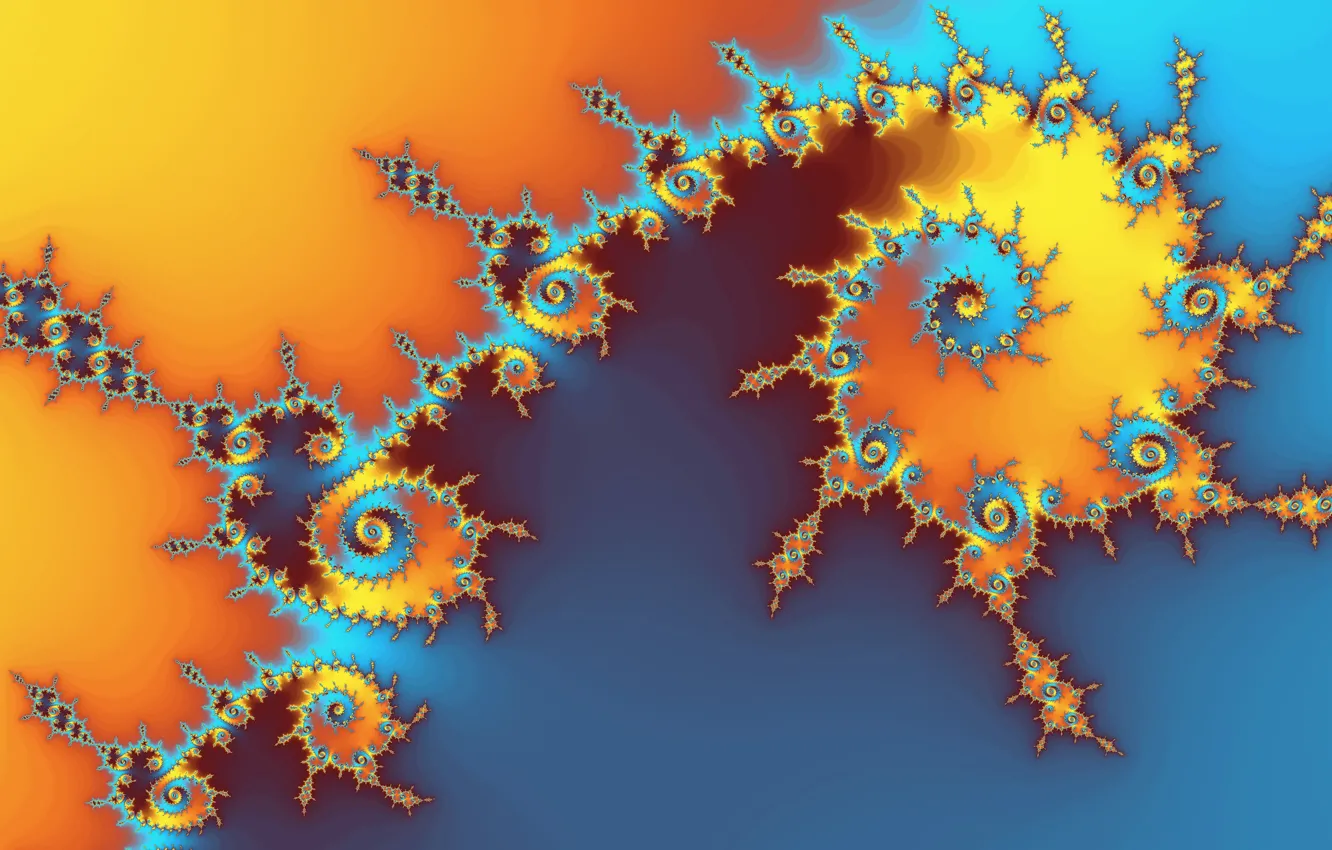 Фото обои оранжевый, синий, желтый, абстракция, голубой, узор, спираль, фрактал
