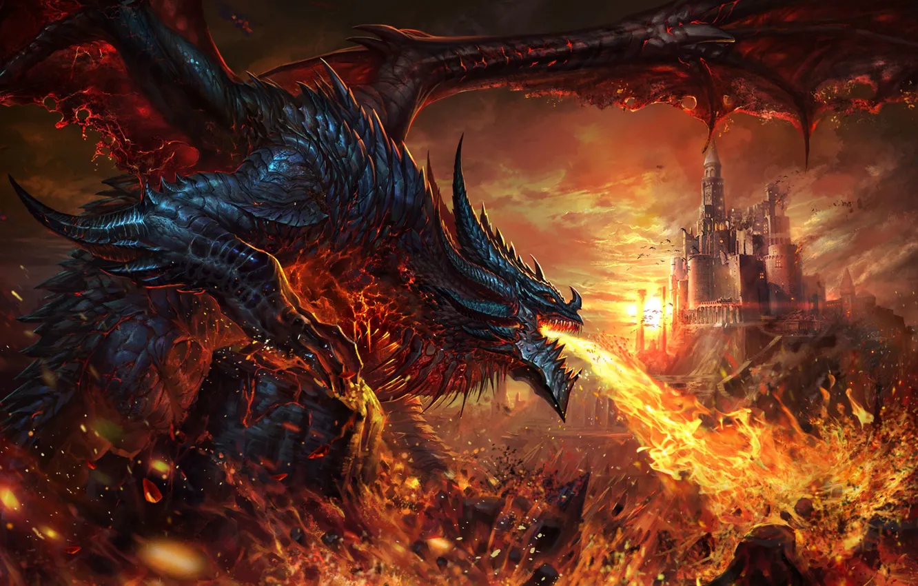Фото обои замок, огонь, дракон, фэнтези, арт, li fengyang, dalong