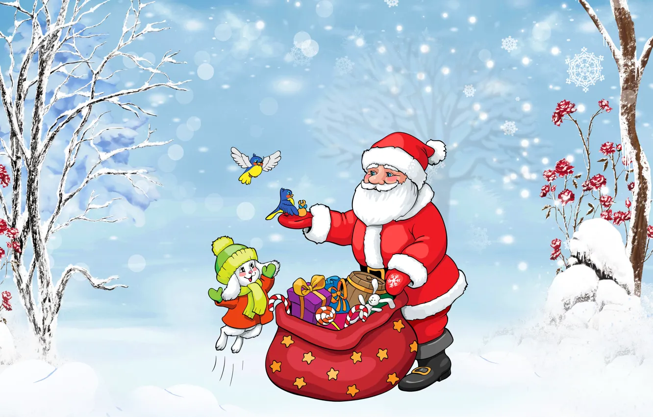 Фото обои зима, снег, деревья, радость, снежинки, праздник, игрушки, рисунок