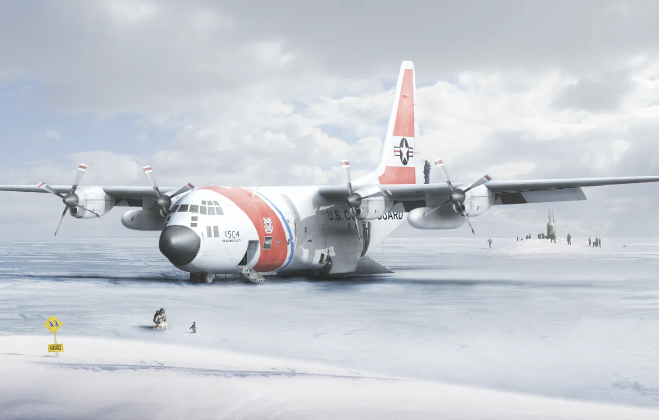 Фото обои табличка, Самолет, пингвин, Антарктида