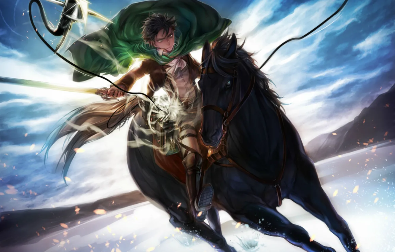 Фото обои небо, атака, лошадь, клинки, военная форма, Shingeki no Kyojin, Levi, Вторжение гигантов