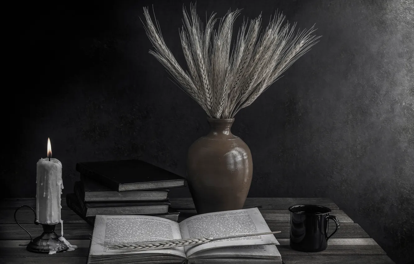 Фото обои книги, свеча, колосья, The light of knowledge