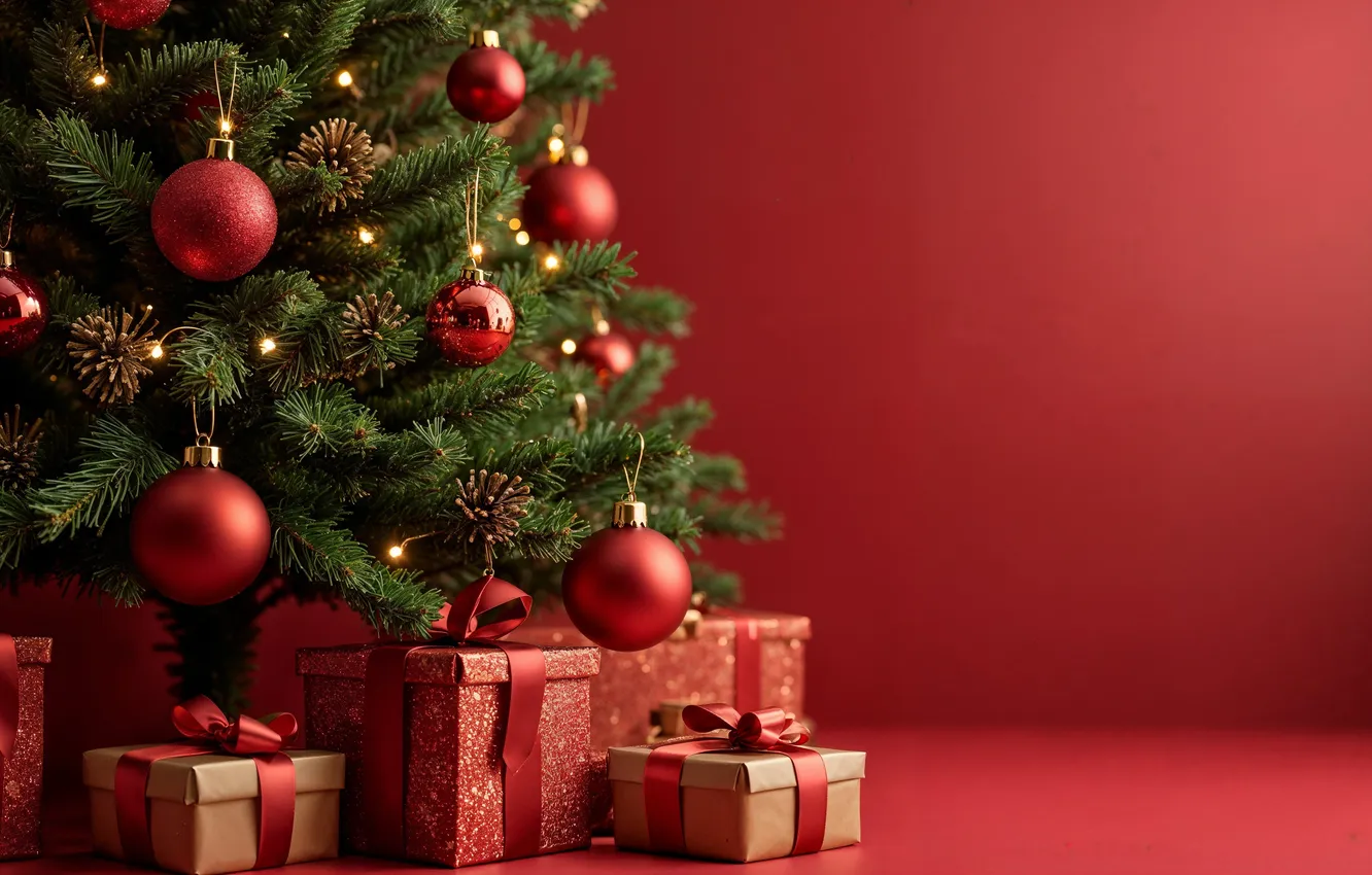 Фото обои украшения, елка, Рождество, подарки, Новый год, red, Christmas, tree