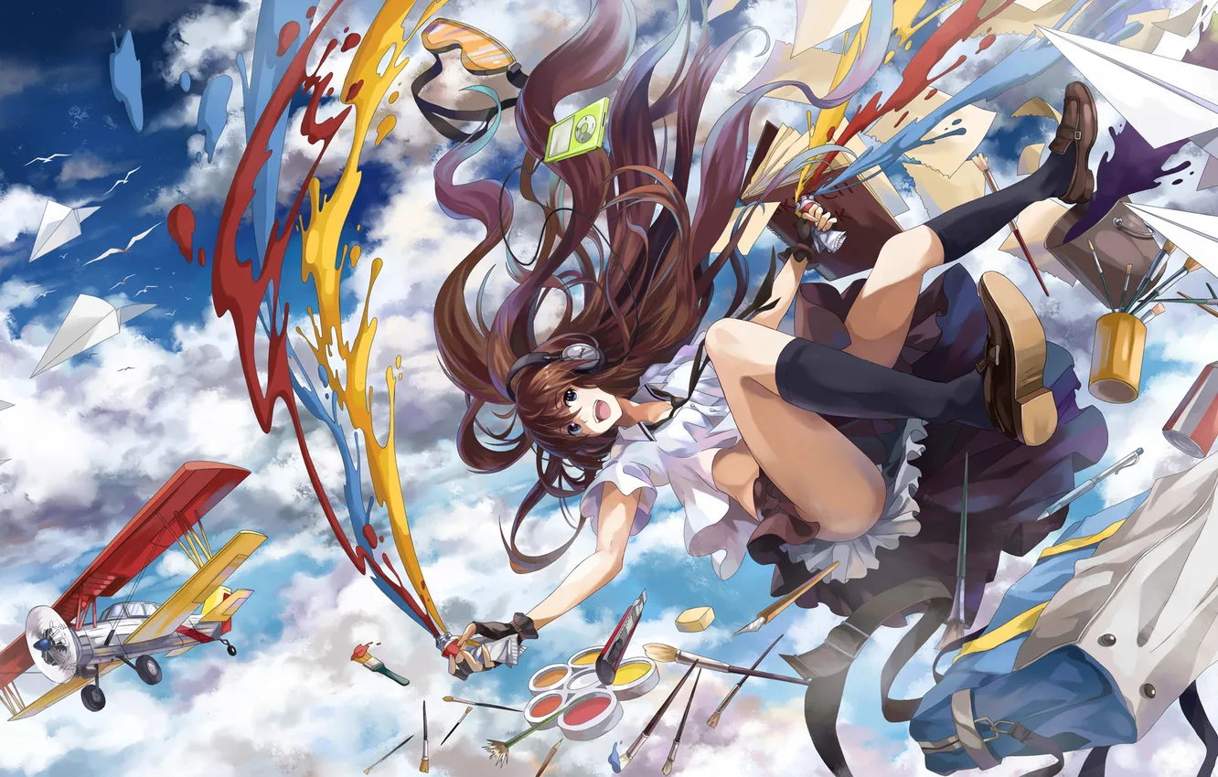Фото обои девушка, облака, самолет, краски, арт, neko, в небе, yanshoujie