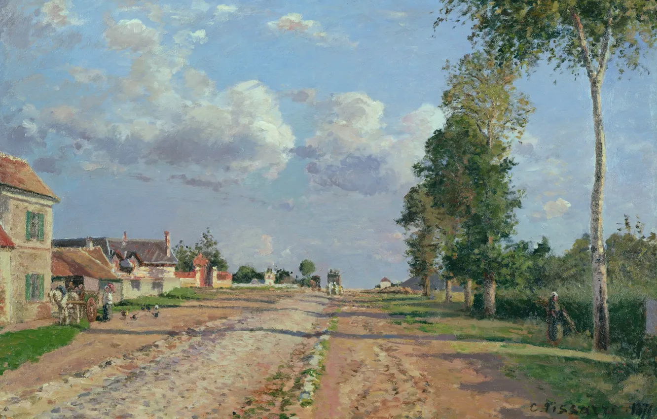 Фото обои пейзаж, улица, дома, картина, Камиль Писсарро, Дорога в Версаль. Рокканкур
