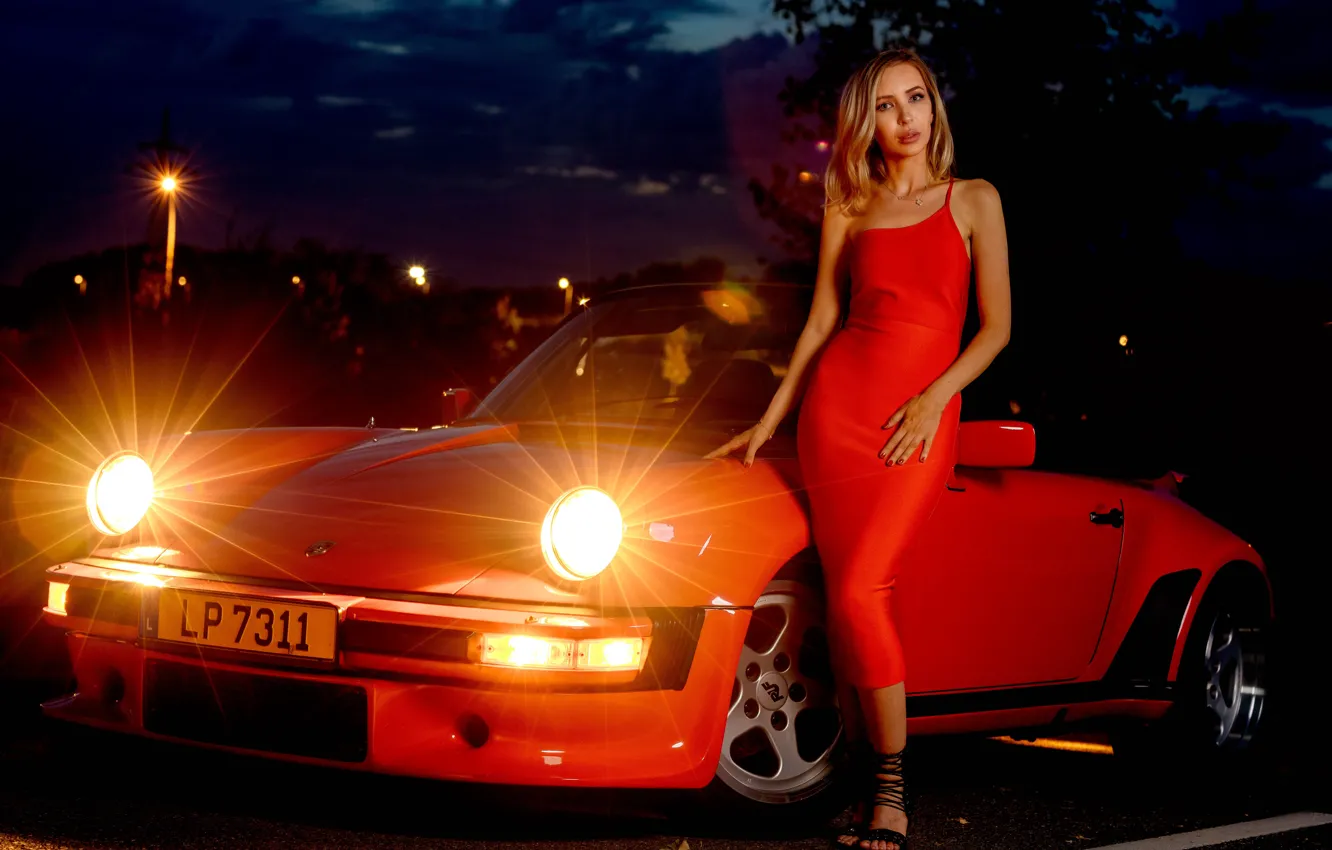 Фото обои машина, авто, девушка, поза, стиль, Porsche, фигура, красное платье