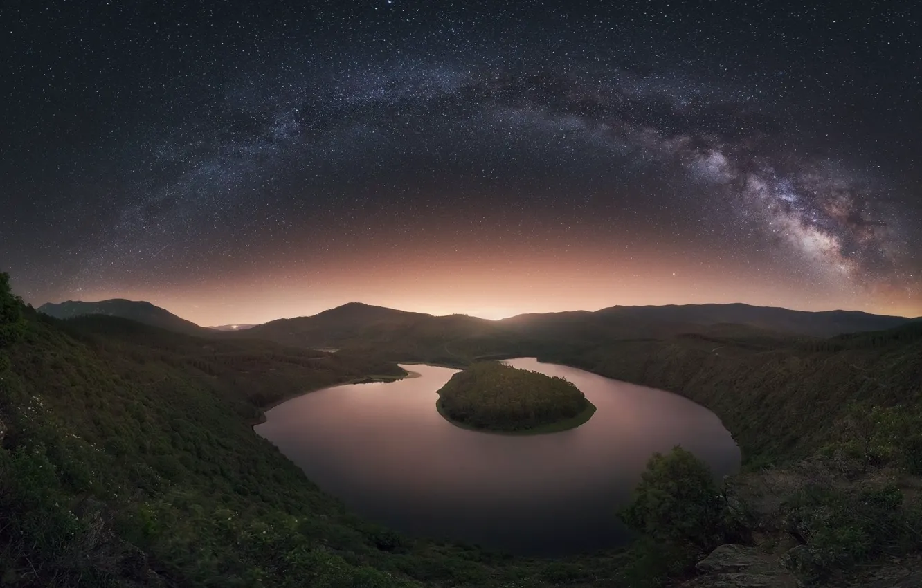 Фото обои landscape, night, mountains, lake, stars, island, milky way