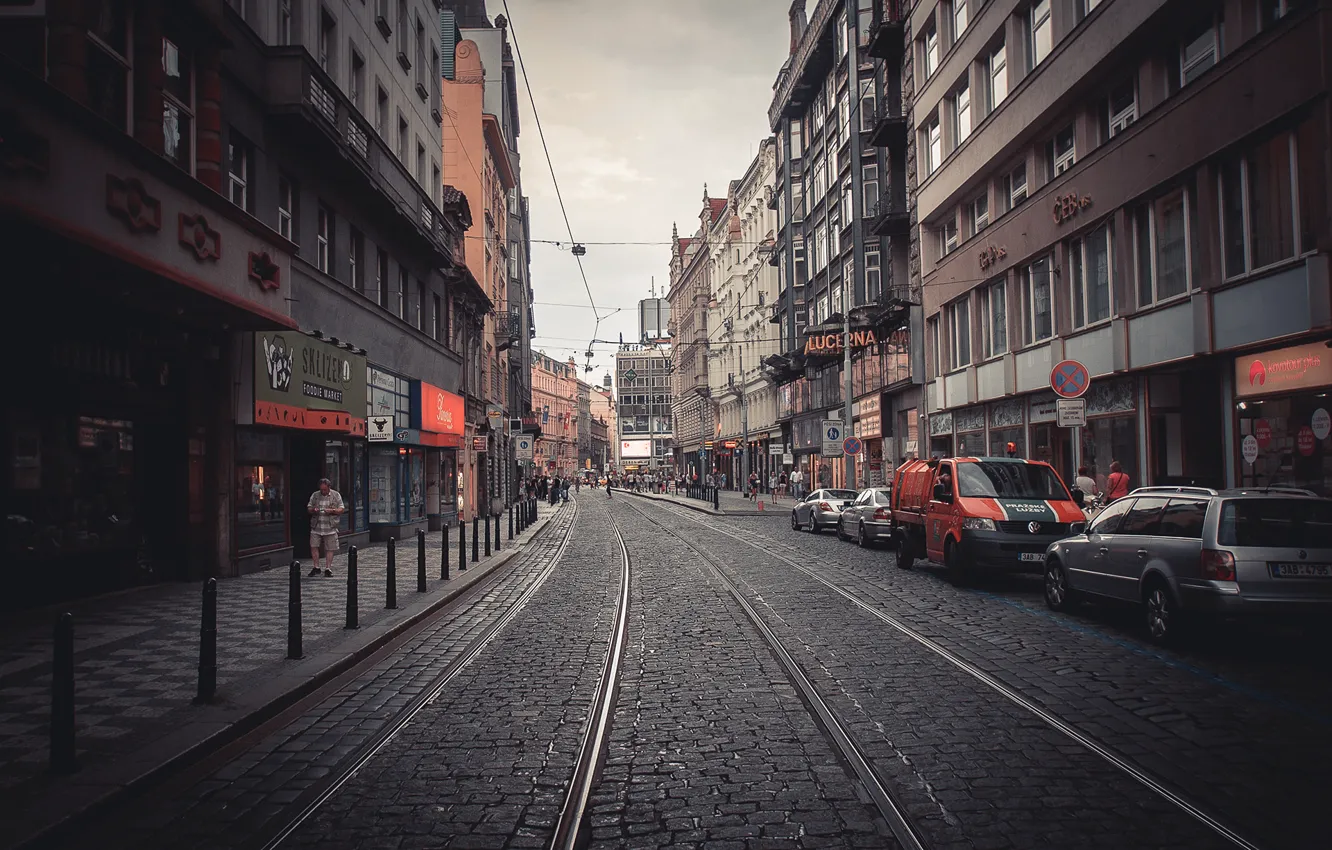 Фото обои улица, рельсы, брусчатка, Прага, street, Prague, Praha