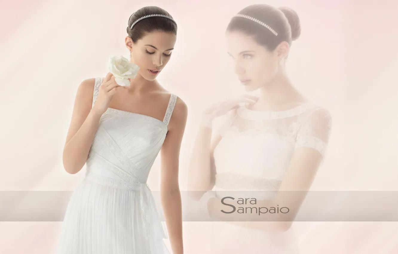 Фото обои девушка, модель, брюнетка, белое платье, Sara Sampaio, белая роза