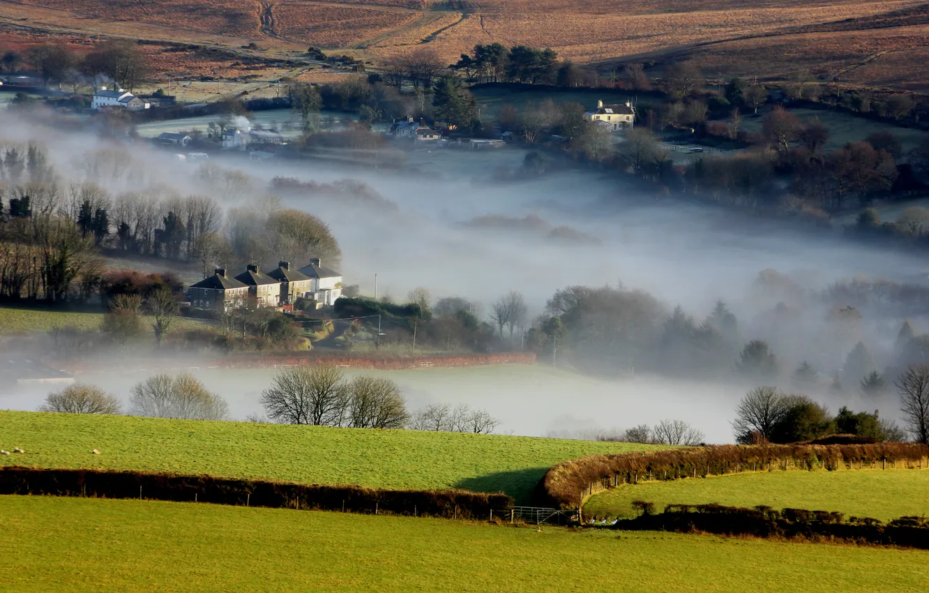 Фото обои туман, поля, дома, утро, долина