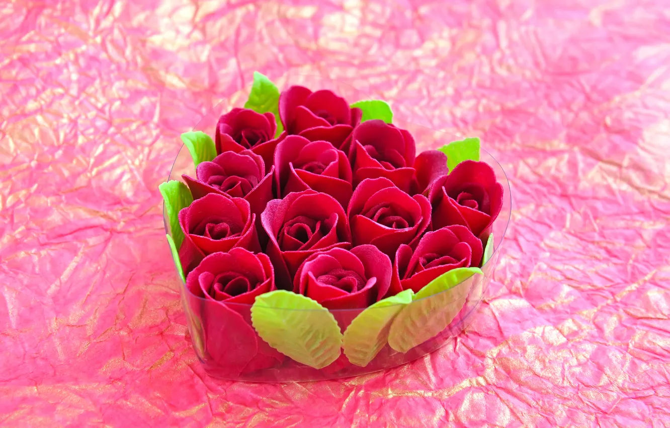 Фото обои подарок, сердце, розы, красные, искусственные