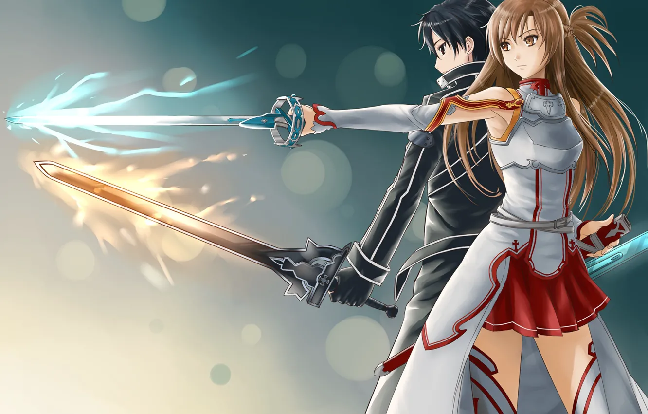 Фото обои девушка, оружие, аниме, арт, парень, мечи, Мастера меча онлайн, Sword Art Online