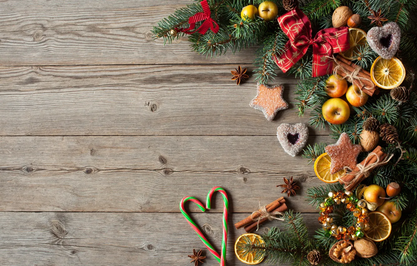 Фото обои украшения, ягоды, шары, яблоки, елка, Новый Год, печенье, Рождество
