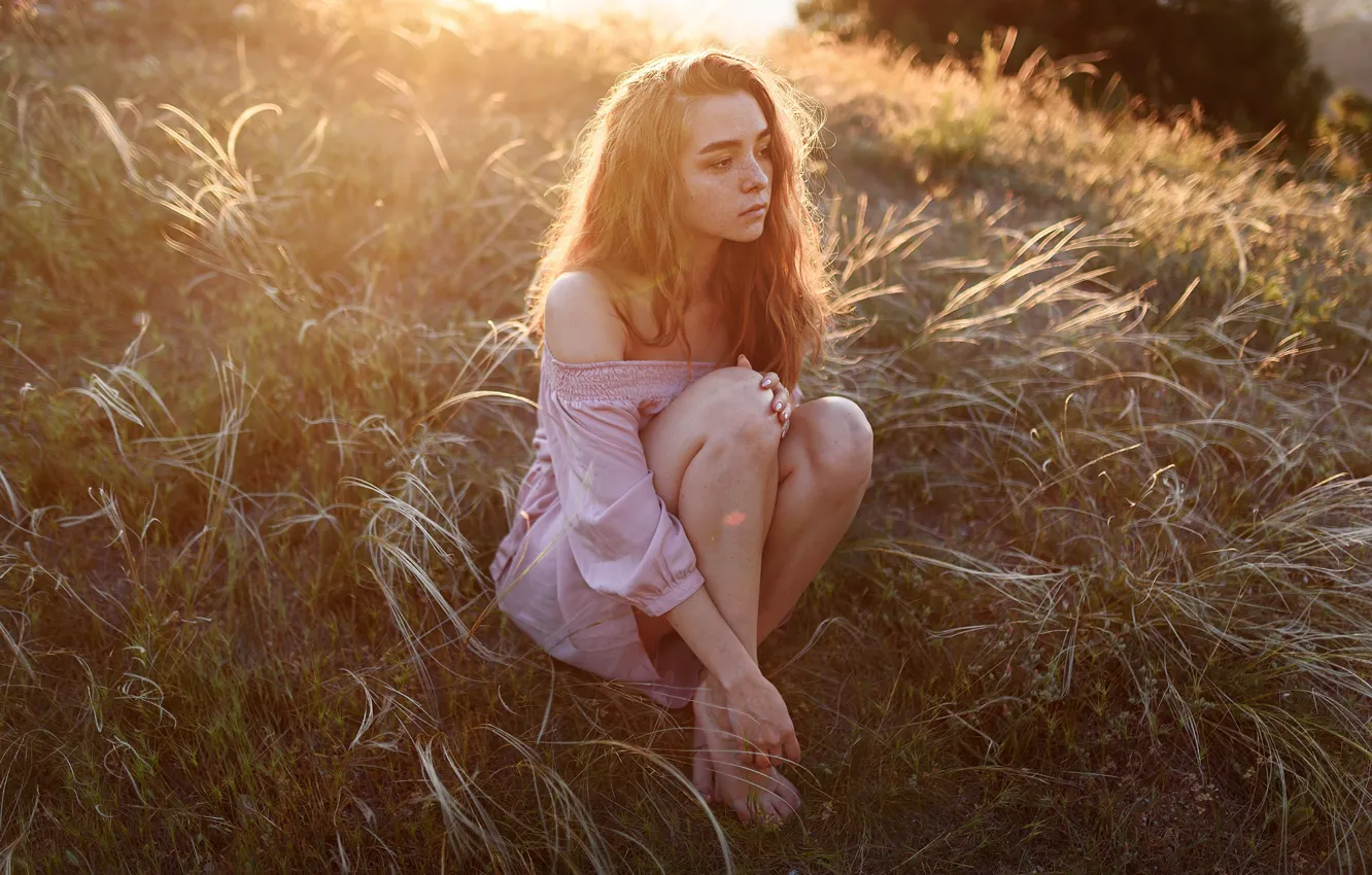 Фото обои girl, grass, long hair, dress, legs, field, brown eyes, photo