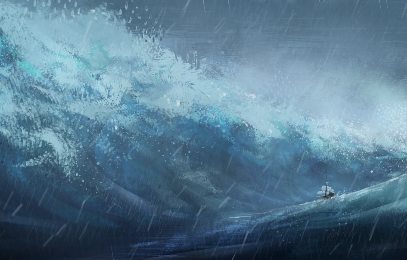 Фото обои море, волны, шторм, дождь, корабль