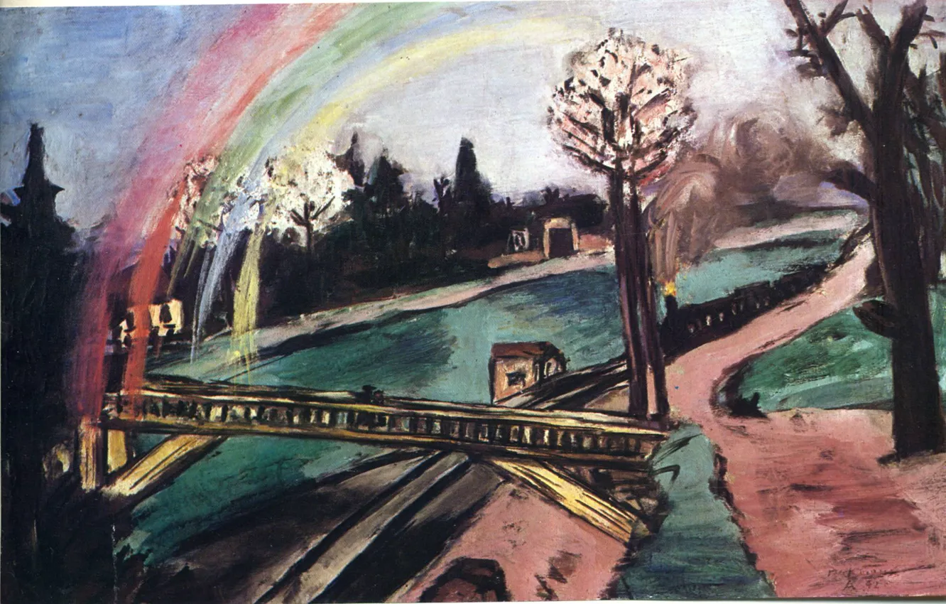 Фото обои река, 1942, Авангард, Экспрессионизм, Max Beckmann, и Радуга, Железнодорожный мост