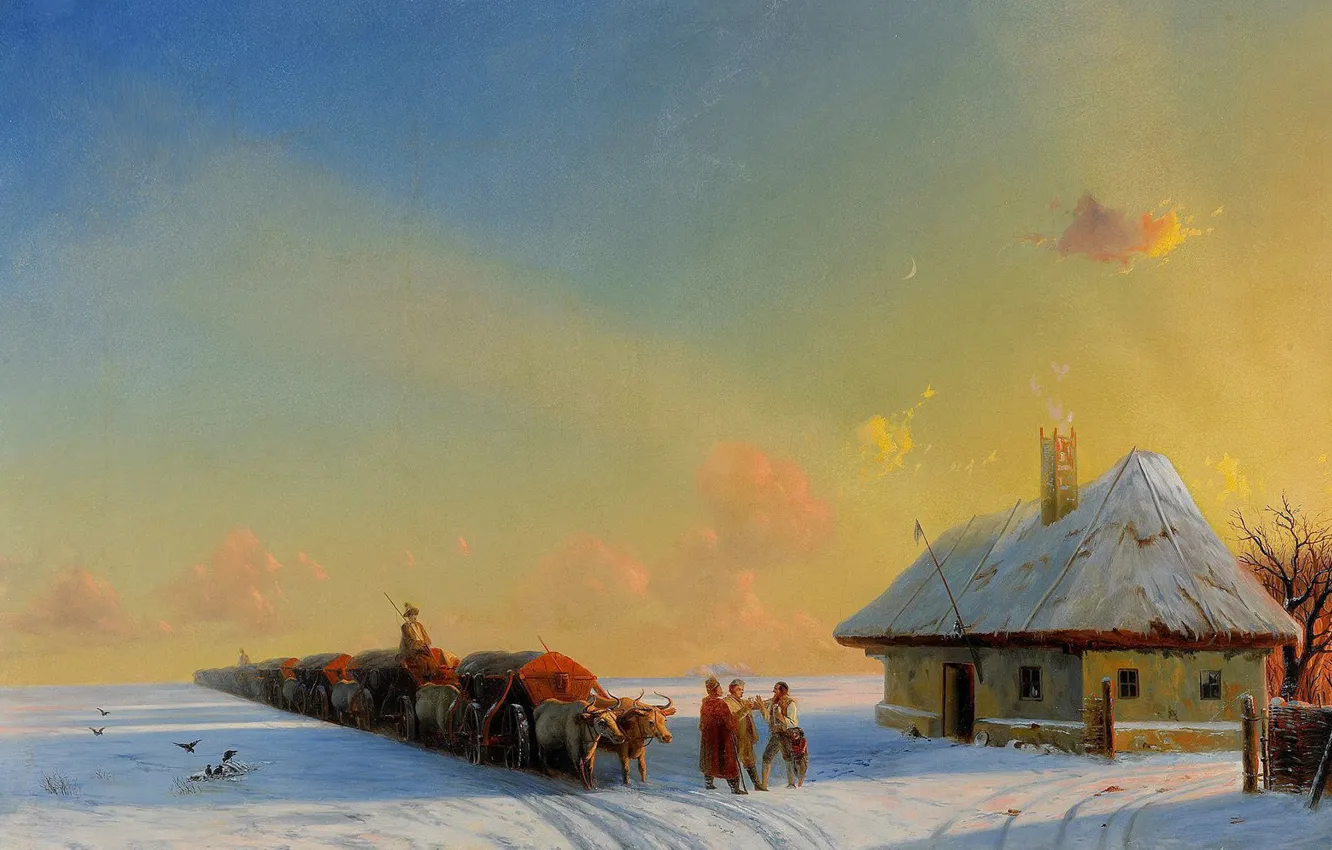 Фото обои картина, 1857, Иван Айвазовский, пейхаж, Зимний Обоз в Украинской Степи