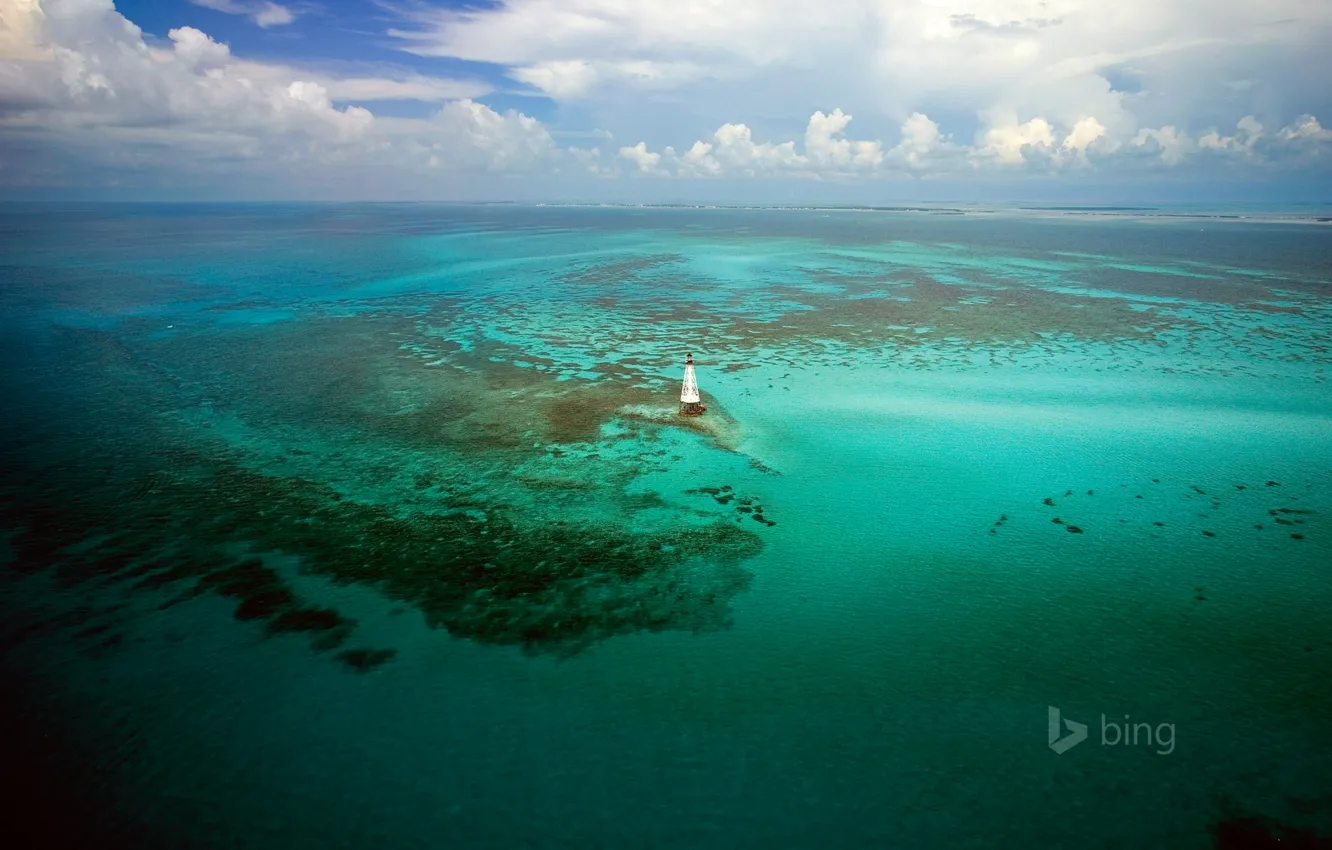 Фото обои море, небо, облака, маяк, США, Florida Keys, Alligator Reef Light