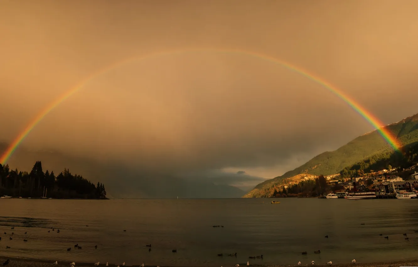Фото обои rainbow, nature, clouds, lake