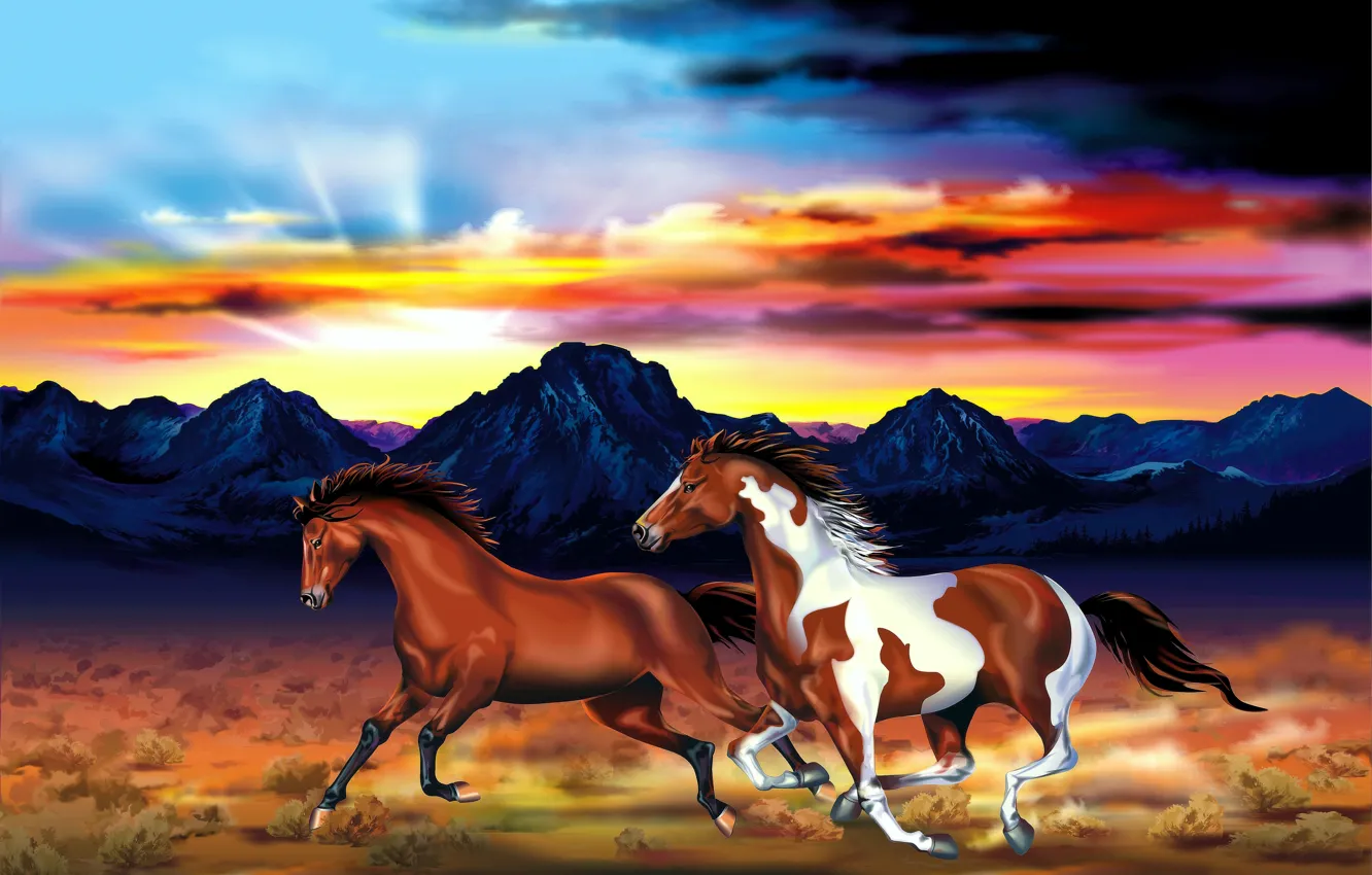 Фото обои небо, горы, рисунок, равнина, лошади, арт, пара, зарево
