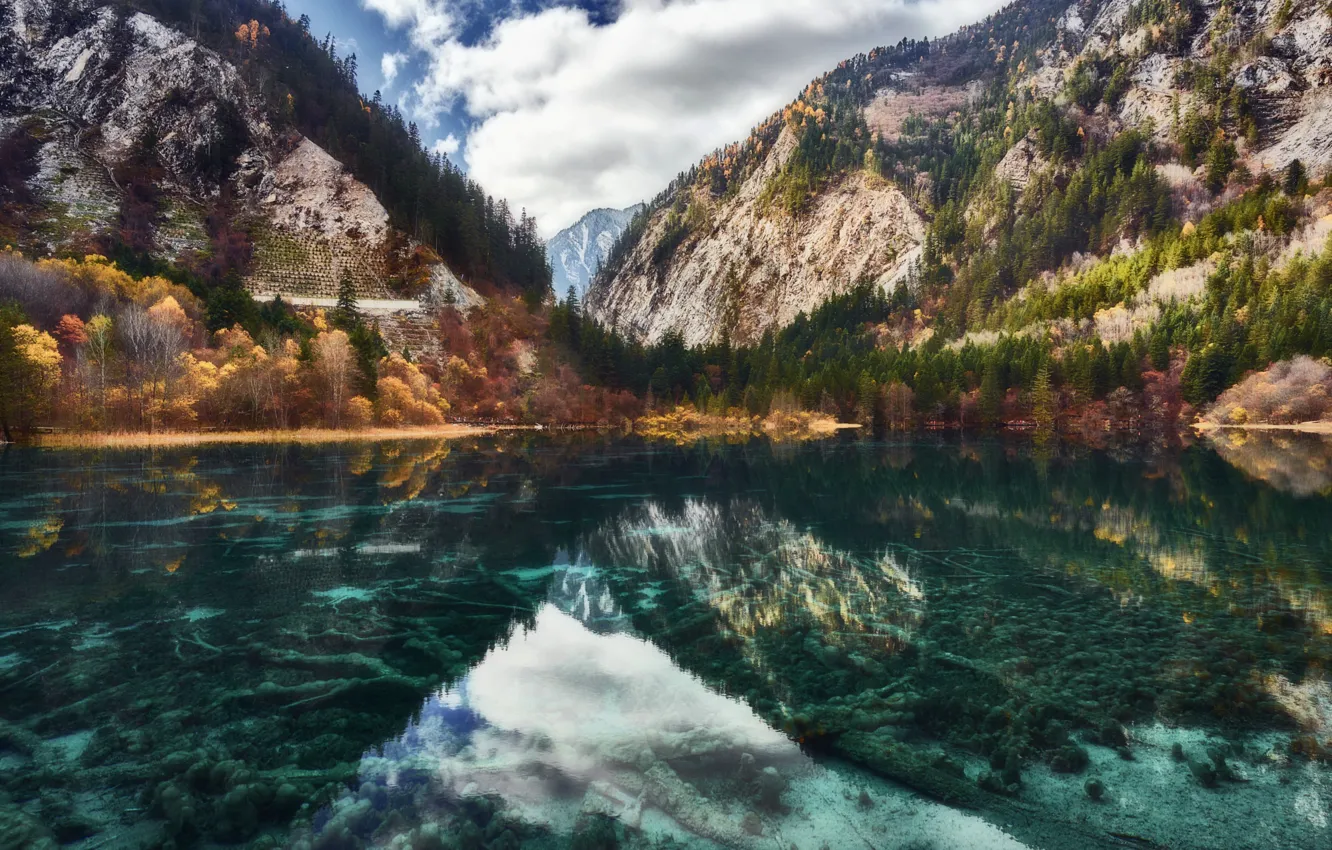 Фото обои горы, озеро, Jiuzhaigou Chine