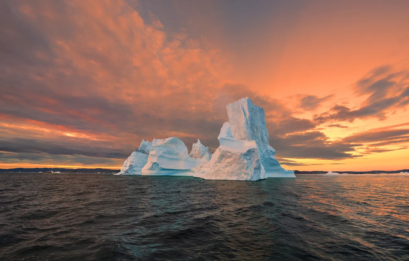 Фото обои лед, море, небо, вода, облака, свет, закат, лёд