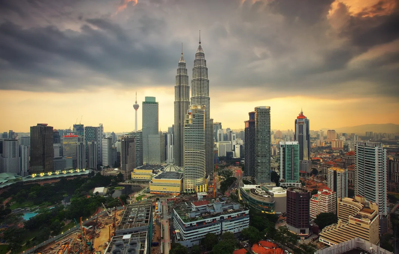 Фото обои небо, пейзаж, город, рассвет, утро, Малайзия, Куала-Лумпур