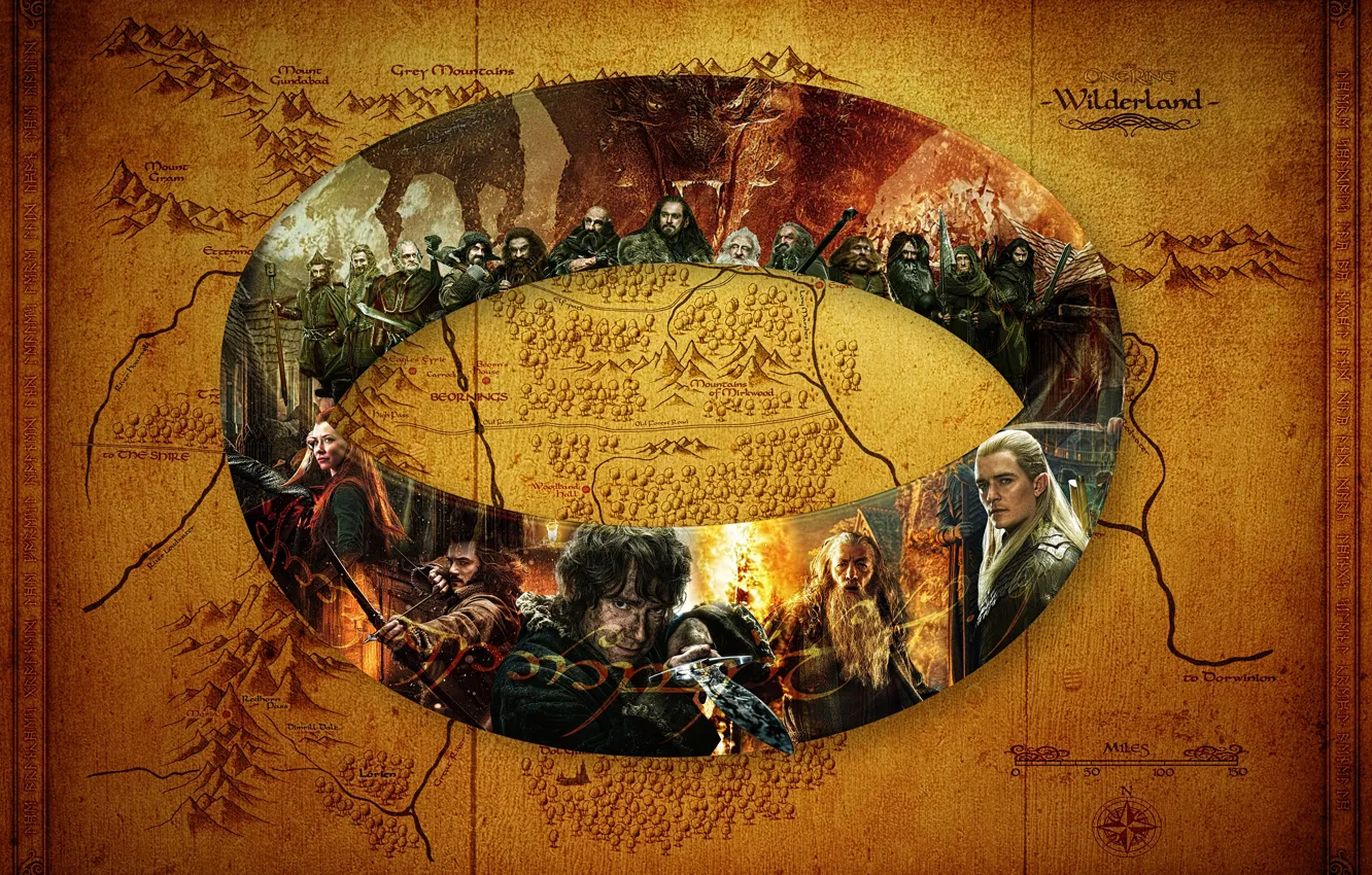 Фото обои Карта, The Hobbit, Бильбо Бэггинс, Леголас, Тауриэль, Кольцо Всевластия, Гномы Эрибора