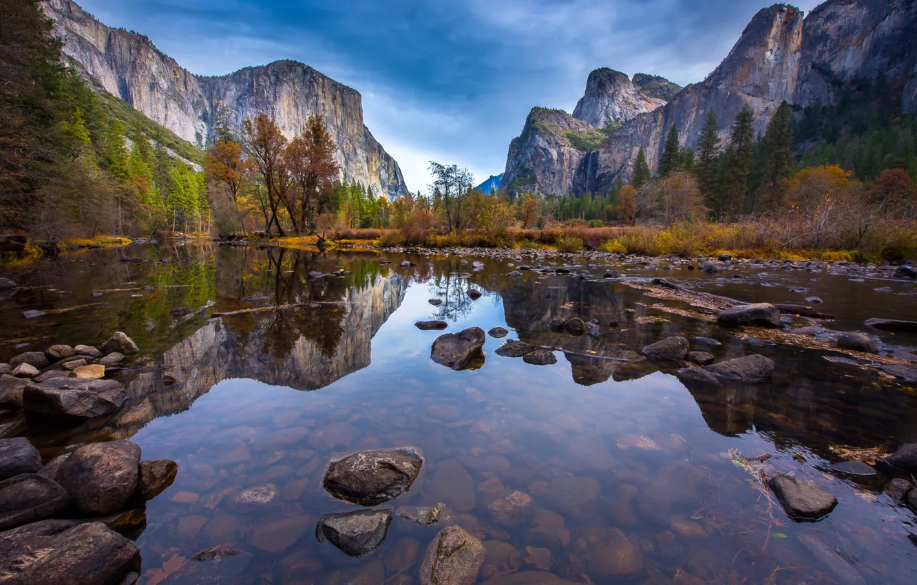 Фото обои деревья, горы, река, камни, скалы, USA, Yosemite, Yosemite National Park