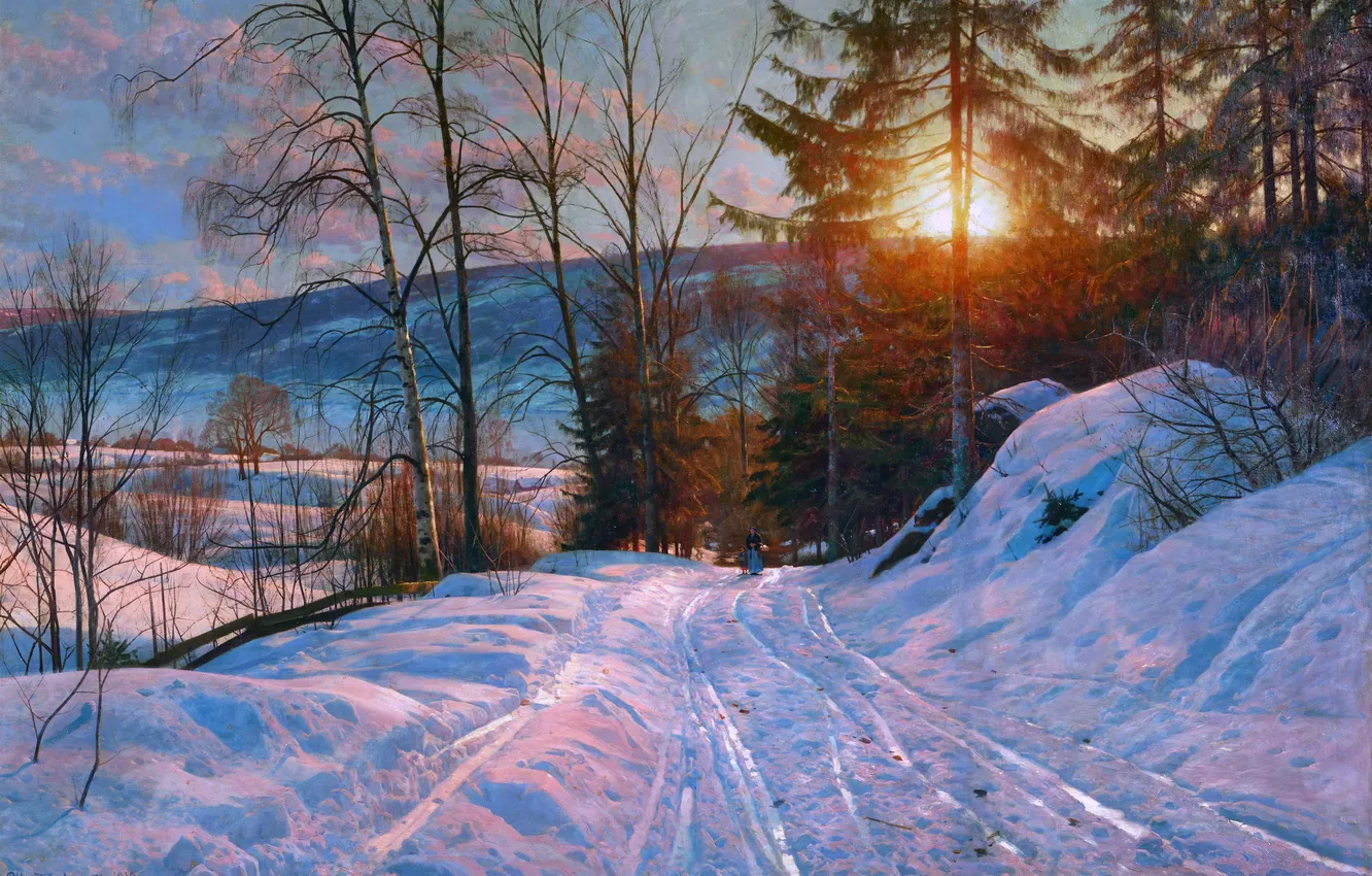 Фото обои Солнце, Зима, Дорога, Снег, Картина, Peder Mork Monsted, Датский живописец, Педер Морк Монстед