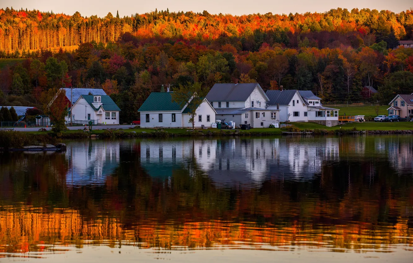 Фото обои осень, лес, пейзаж, природа, озеро, отражение, дома