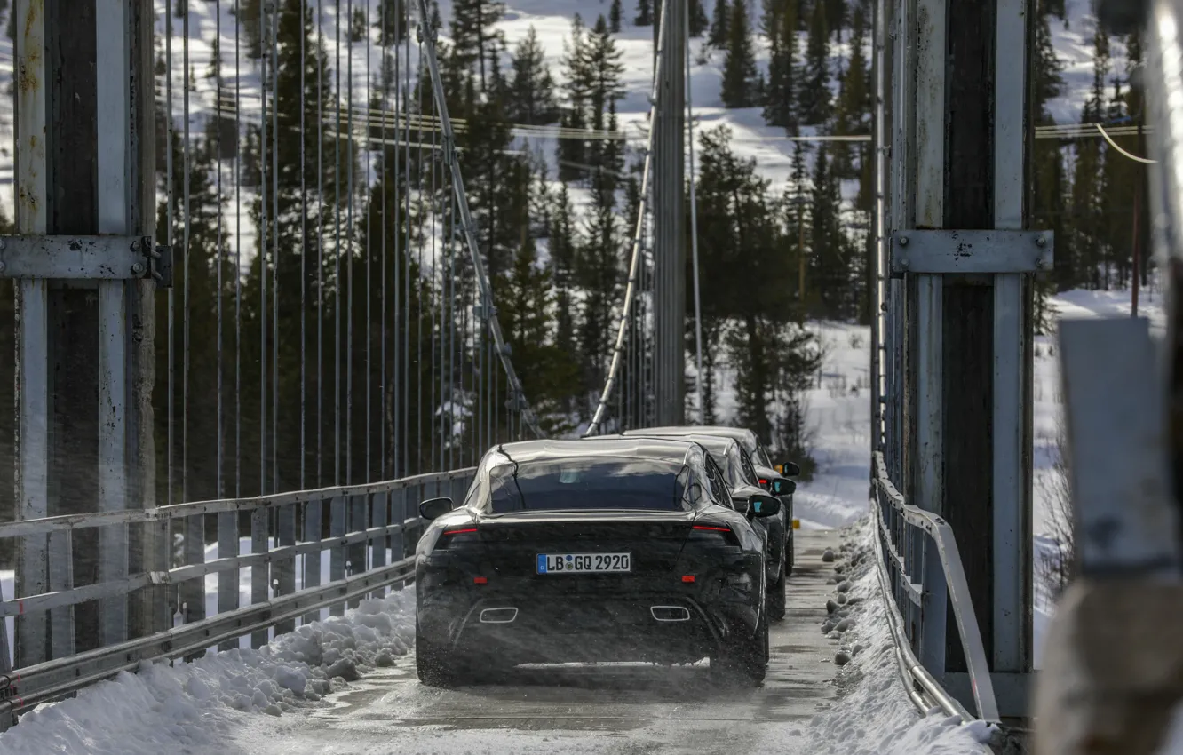 Фото обои снег, мост, Porsche, прототип, 2019, Taycan