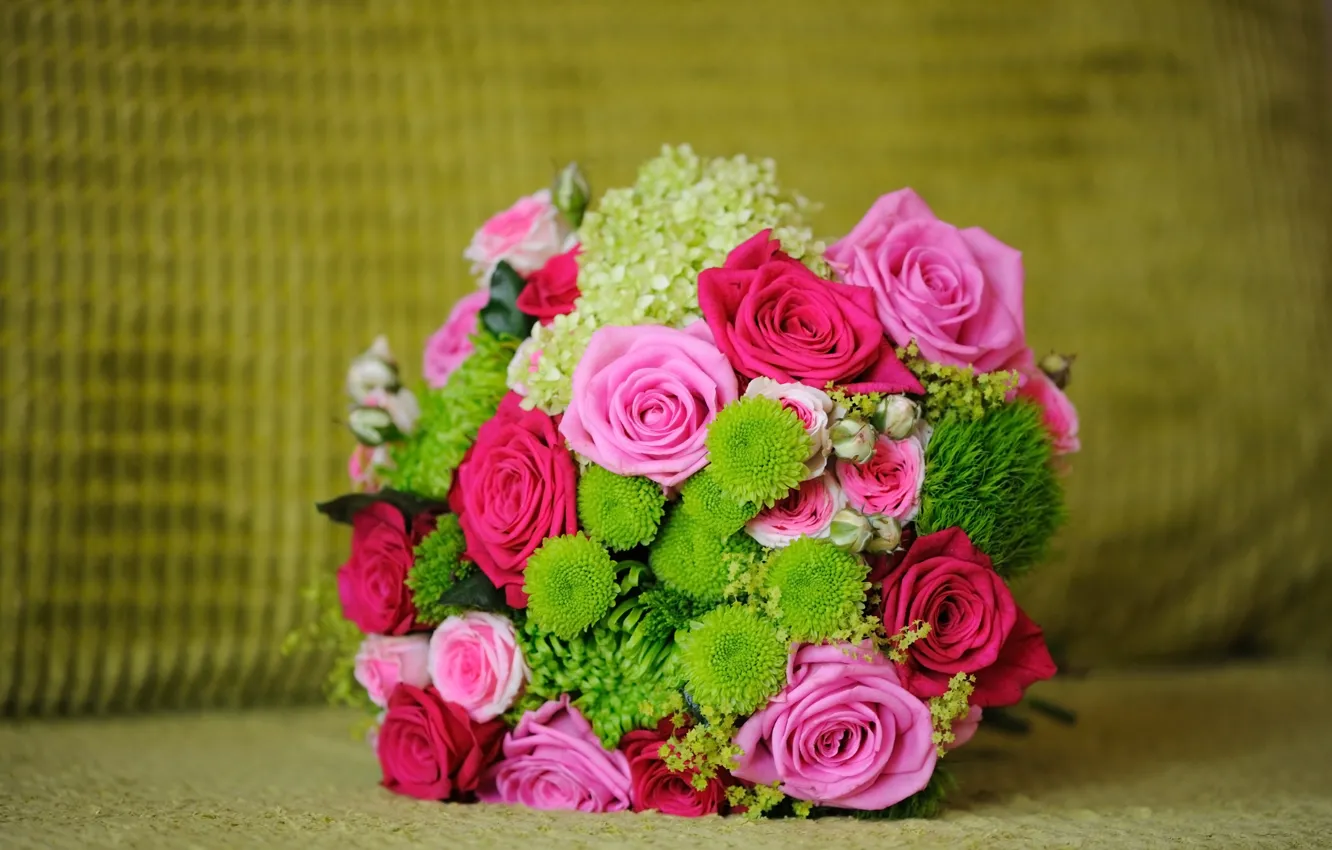 Фото обои зелень, цветы, розы, букет, розовые