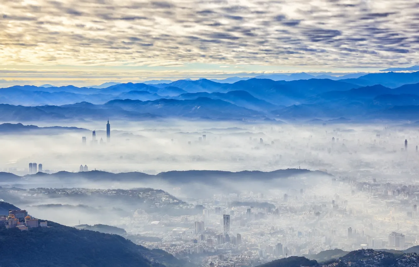 Фото обои город, туман, утро, Taipei