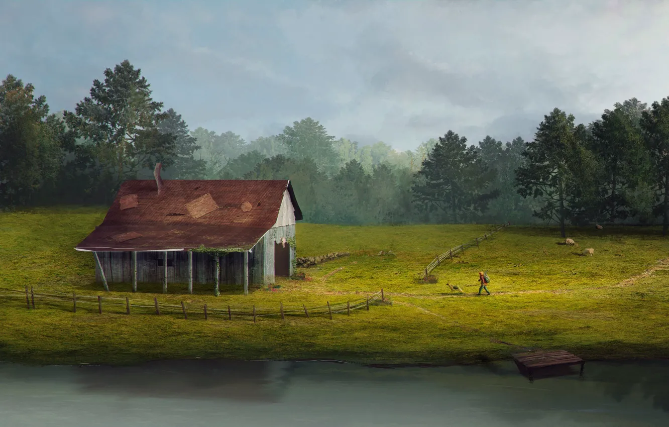 Фото обои лес, река, берег, забор, человек, собака, постройки, овчарка