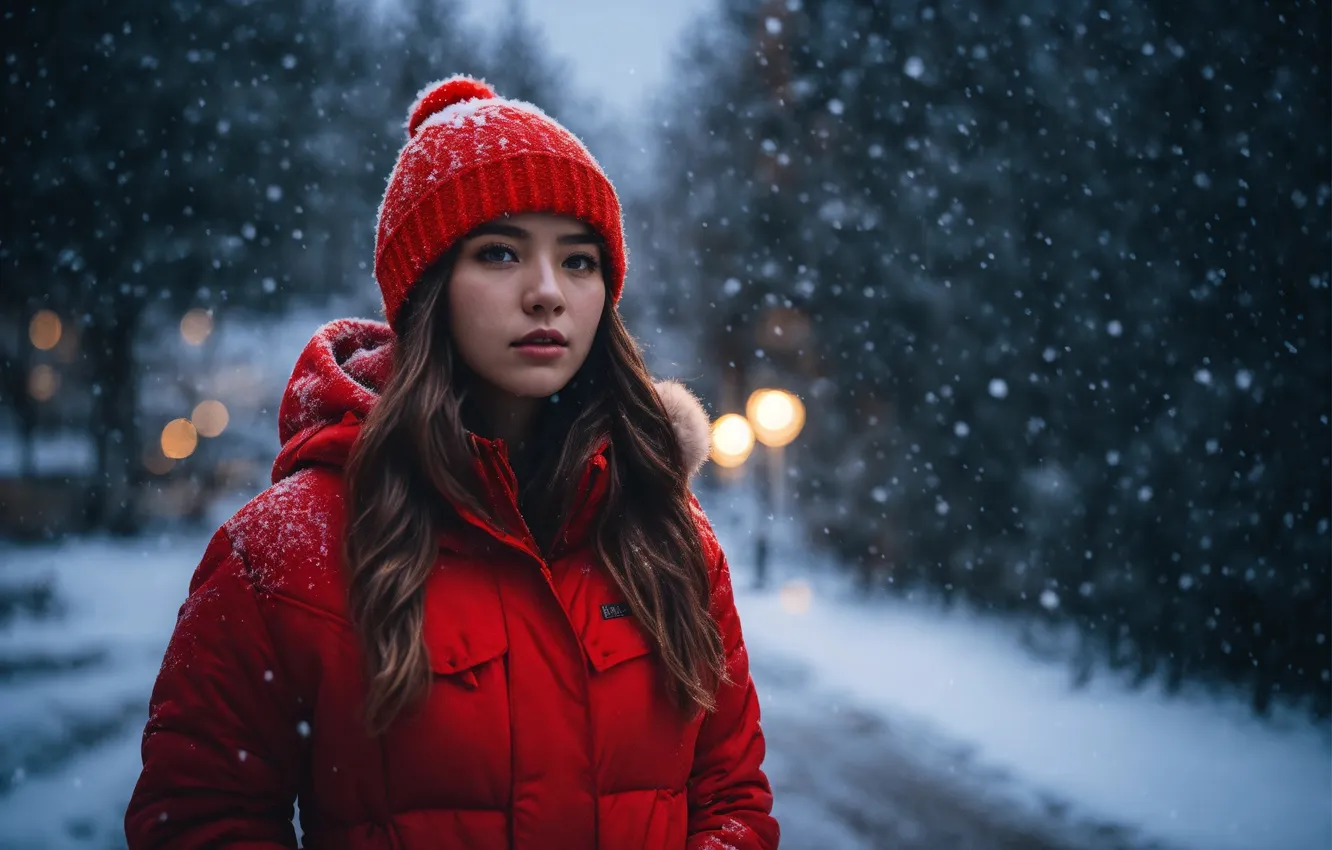 Фото обои girl, hat, winter, snow, down jacket, ai art
