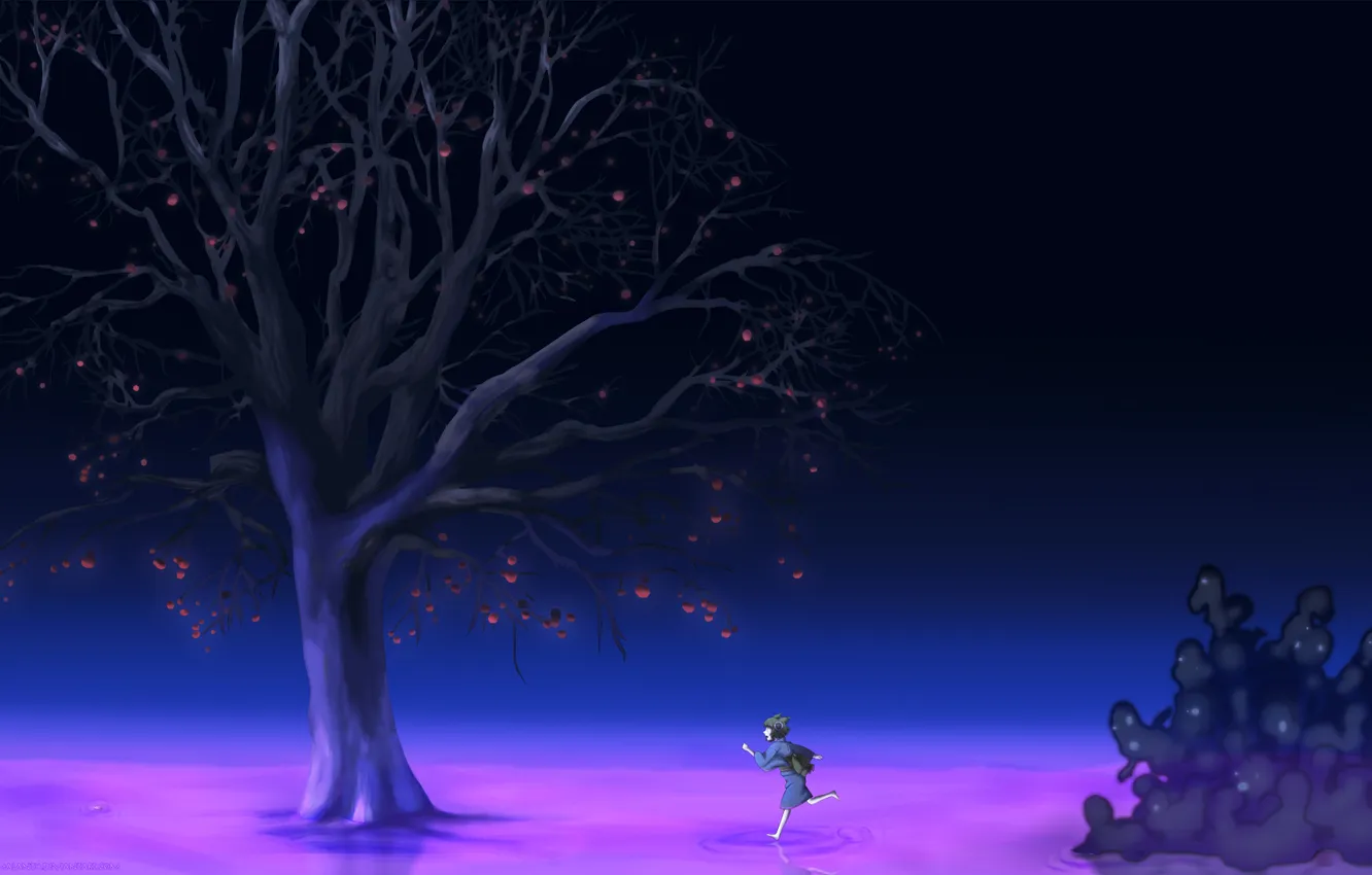 Фото обои вода, девушка, ночь, дерево, аниме, арт, призраки, ушки
