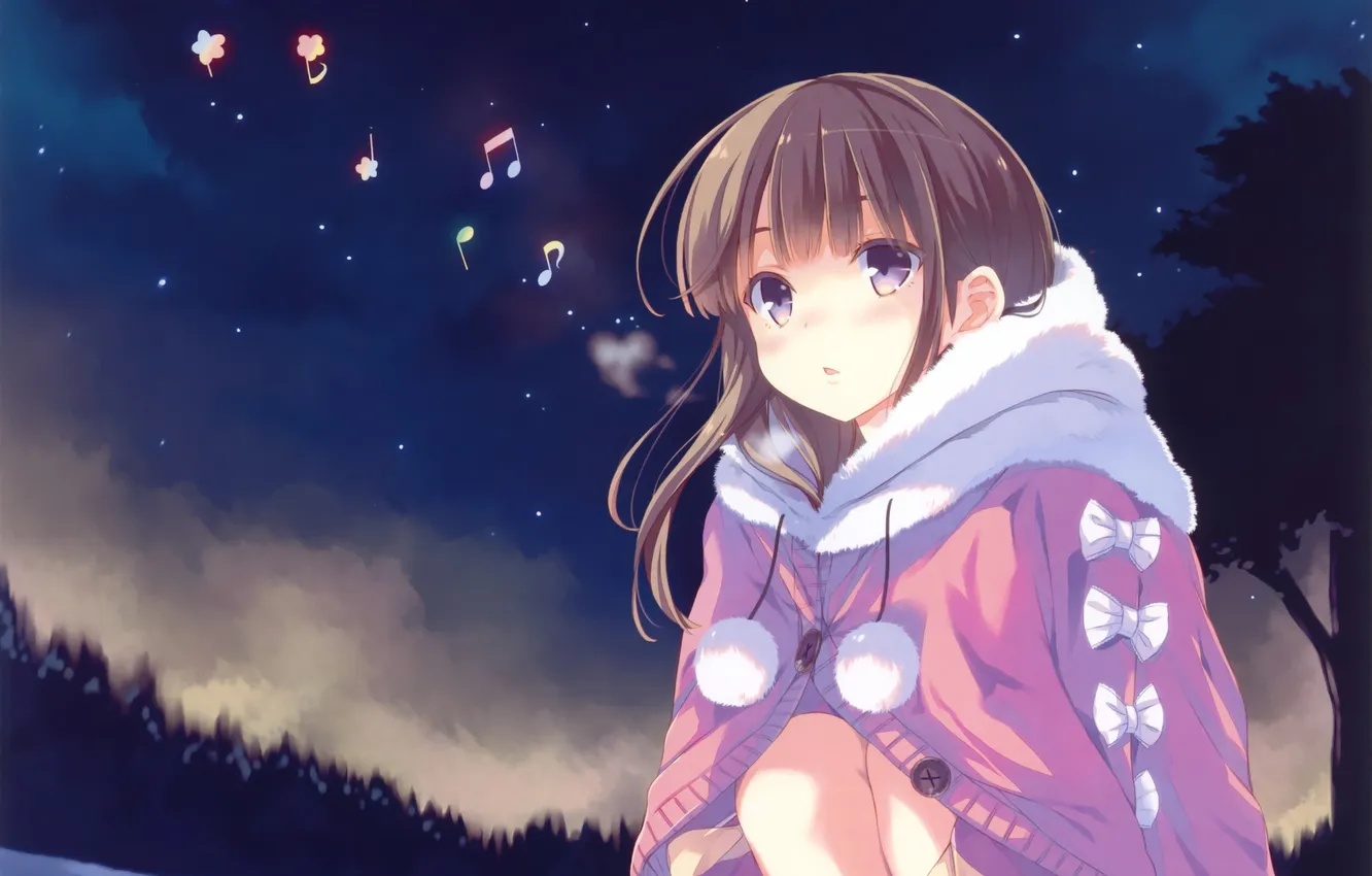 Фото обои холод, зима, небо, девушка, звезды, облака, деревья, ночь