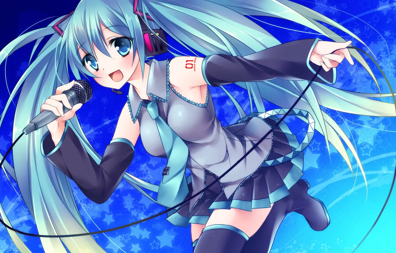 Фото обои девушка, арт, микрофон, Hatsune Miku, Vocaloid, Вокалоид, звездочки, soraishinya