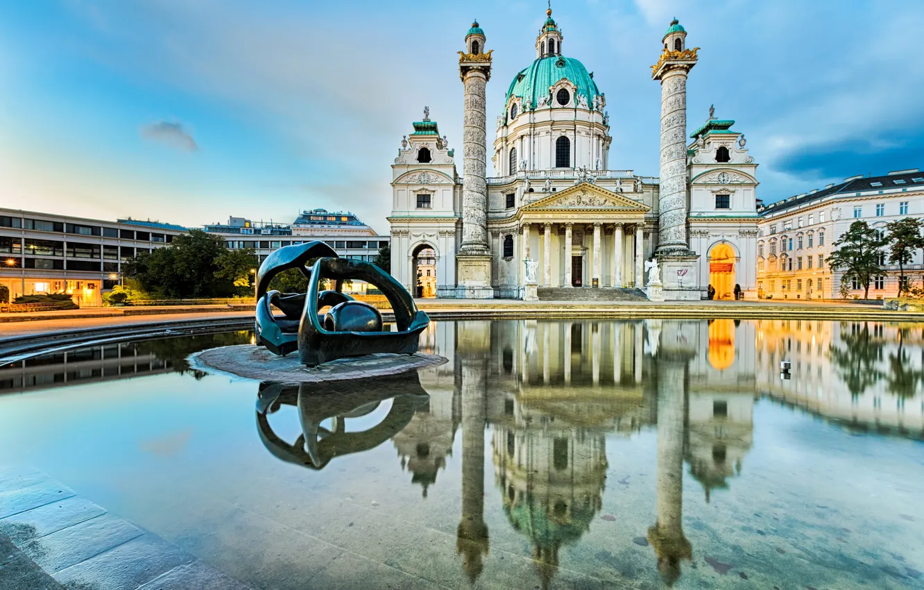 Фото обои дизайн, отражение, Австрия, водоем, дворец, скульптуры, Vienna