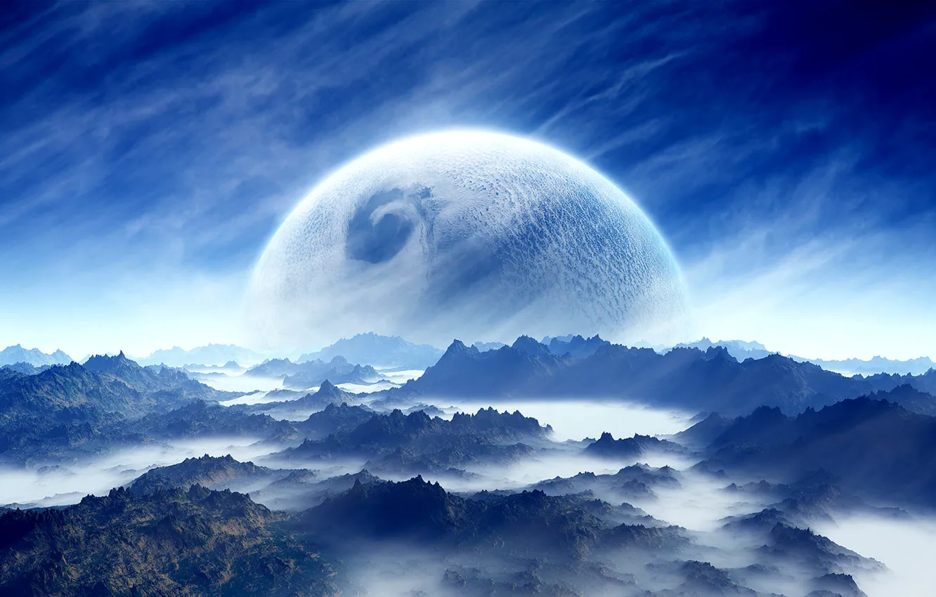 Фото обои white, sky, landscape, blue, cloud, mountain, planet, Sci Fi