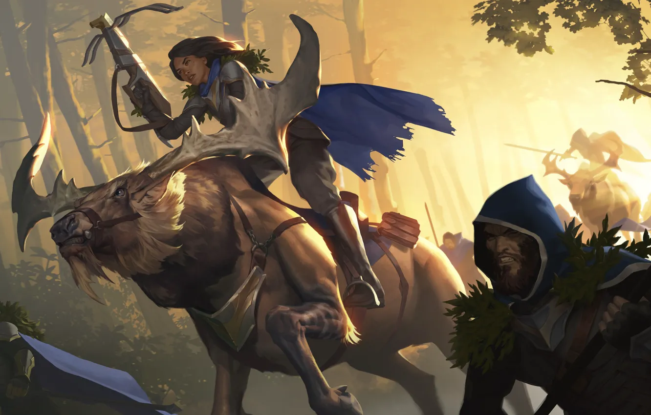 Фото обои девушка, олень, охотник, арбалет, Legends of Runeterra
