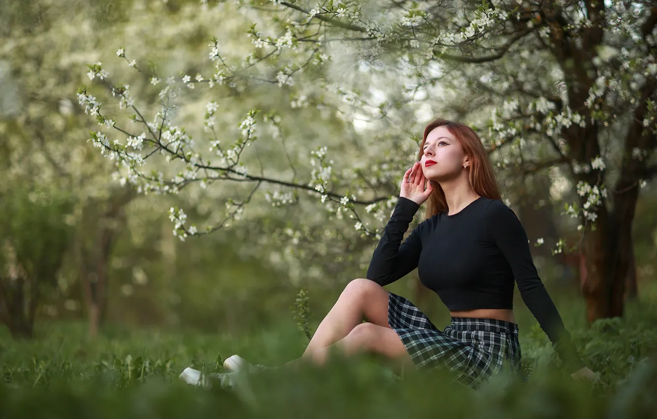 Фото обои grass, trees, nature, model, women, brunette, sitting, skirt