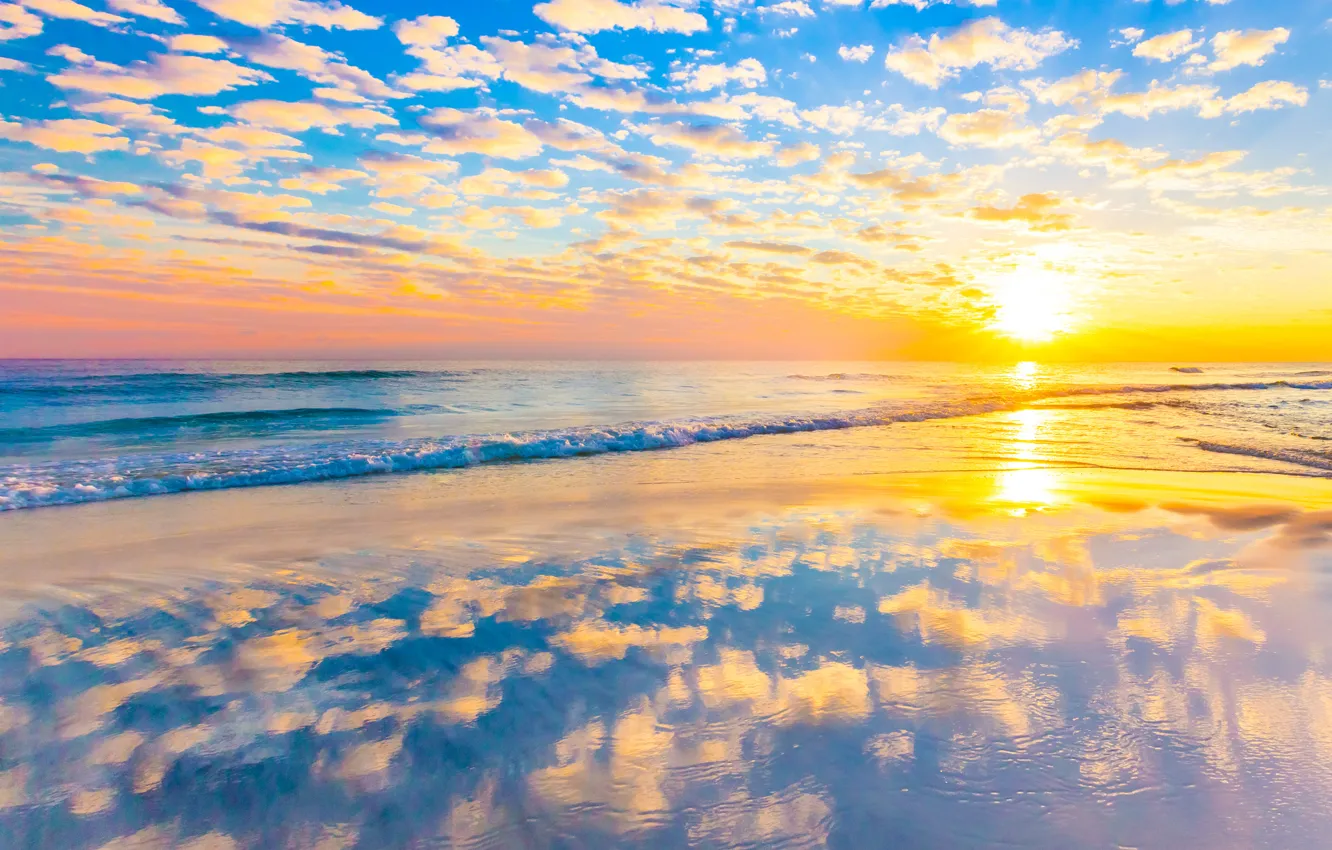 Фото обои море, волны, пляж, облака, закат, отражение, зеркало